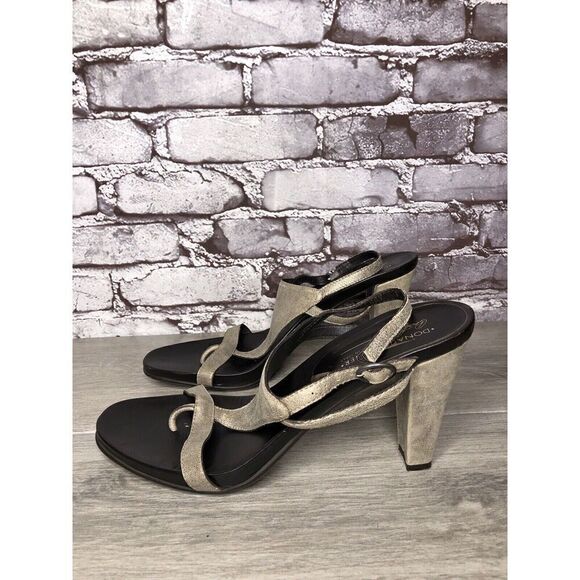 Donald J. Pliner Peggy Gray Shimmer Leather T- Strap Heels Sandals Women Sz 11M - Picture 1 of 16
